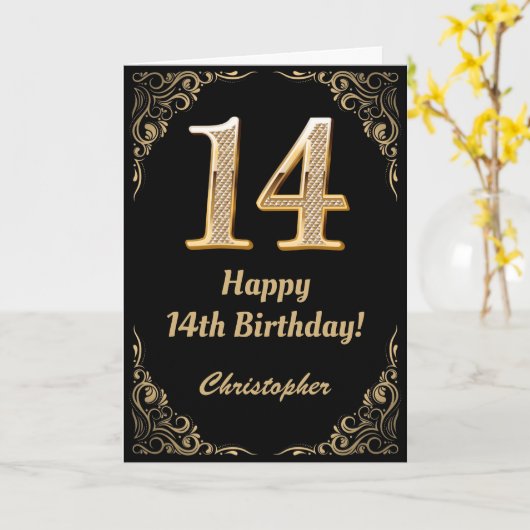 14e Birthday Black en Gold Glitter Lijst Kaart (Gele Bloem)