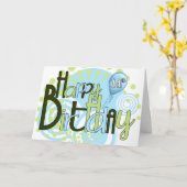 14e Birthday Blue en Green Trendy Typografie Kaart (Gele Bloem)