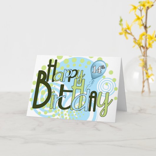 14e Birthday Blue en Green Trendy Typografie Kaart (Gele Bloem)
