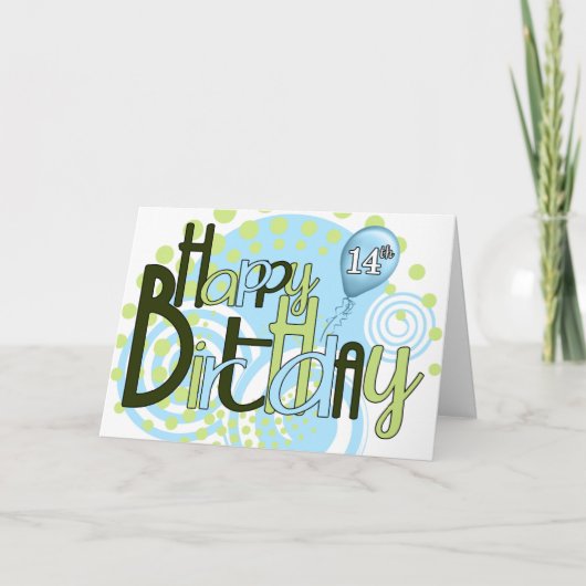 14e Birthday Blue en Green Trendy Typografie Kaart (Voorkant)