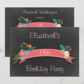 14e Birthday Pink Banner Flowers Chalkboard Kaart (Voorkant / Achterkant)