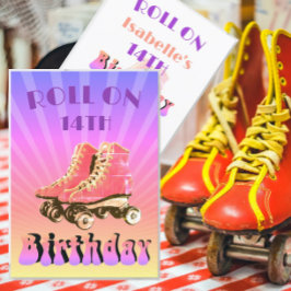 14e Birthday Retro Roller Schaats Paarse zonnestra Kaart