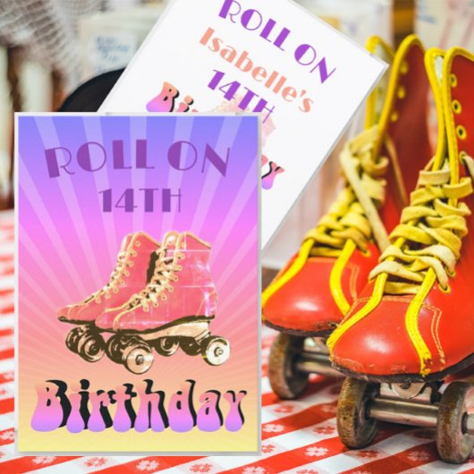 14e Birthday Retro Roller Schaats Paarse zonnestra Kaart