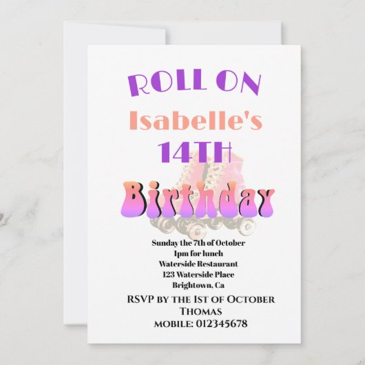 14e Birthday Retro Roller Schaats Paarse zonnestra Kaart (Achterkant)