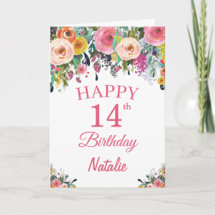 14e Birthday Waterverf Floral Flowers Pink Card Kaart