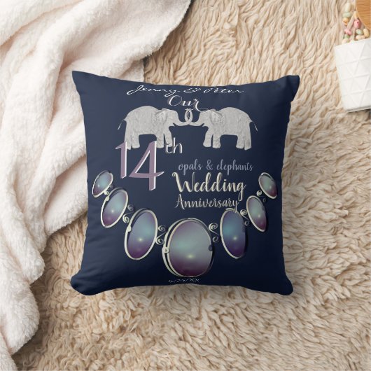 14e bruiloft Jubileum Opals & Elephants Navy Kussen (Deken)