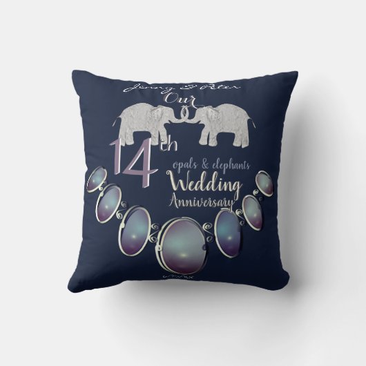 14e bruiloft Jubileum Opals & Elephants Navy Kussen (Achterkant)