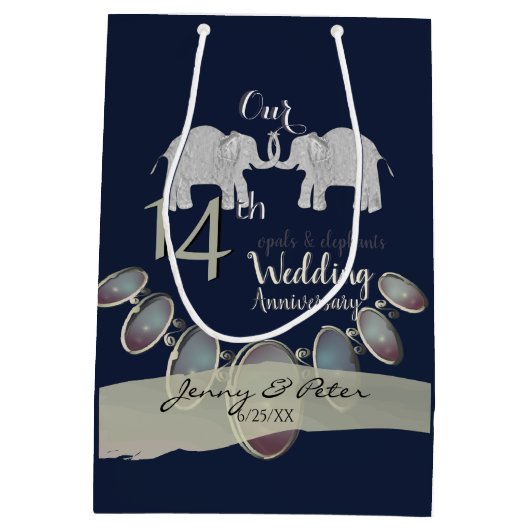 14e bruiloft Jubileum Opals & Elephants Navy Medium Cadeauzakje (Achterkant)