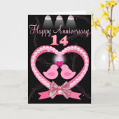 14e bruiloft Jubileum Roze Hart Tortelduifjes Kaart (Gele Bloem)