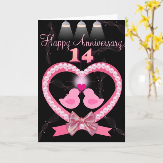 14e bruiloft Jubileum Roze Hart Tortelduifjes Kaart (Gele Bloem)