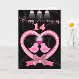 14e bruiloft Jubileum Roze Hart Tortelduifjes Kaart