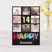14e Gelukkige Verjaardag Fotocollage Modern Zwart Kaart (Gele Bloem)