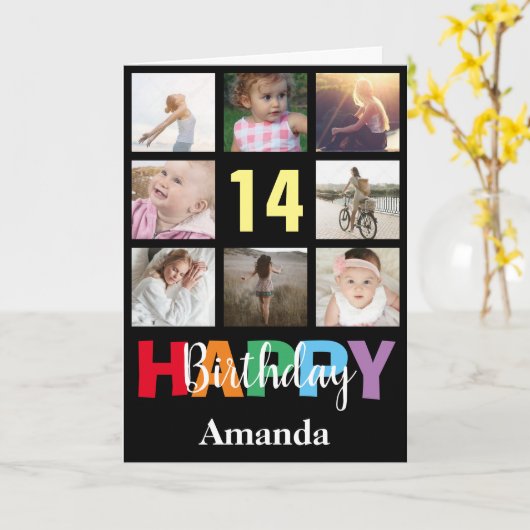 14e Gelukkige Verjaardag Fotocollage Modern Zwart Kaart (Gele Bloem)