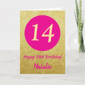 14e Happy Birthday Hot Pink en Gold Glitter Kaart (Voorkant)