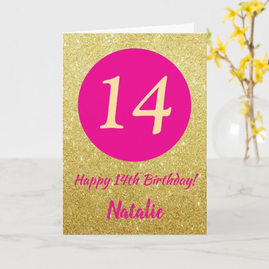 14e Happy Birthday Hot Pink en Gold Glitter Kaart (Gele Bloem)