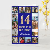 14e Happy Birthday Navy Blue & Gold Photo Collage Kaart (Gele Bloem)