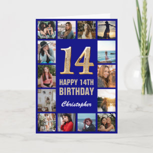 14e Happy Birthday Navy Blue & Gold Photo Collage Kaart