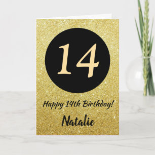 14e Happy Birthday Zwart en Goud Glitter Kaart