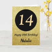 14e Happy Birthday Zwart en Goud Glitter Kaart (Gele Bloem)