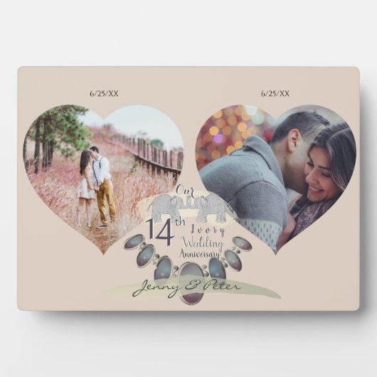 14e Jubileum voor bruiloft 2 Foto's Hearts Plaque Fotoplaat (voorkant)