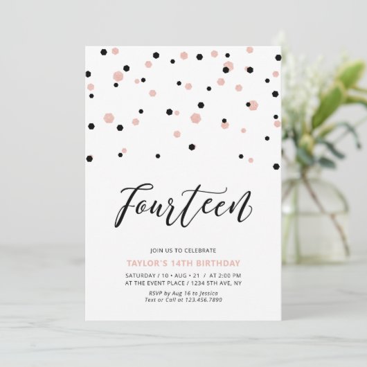 14e tiende verjaardag van het zwarte en Roos goude Kaart (Staand voorkant)