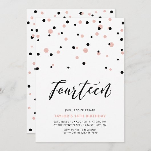 14e tiende verjaardag van het zwarte en Roos goude Kaart (Voorkant / Achterkant)