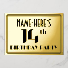 14e verjaardag: Art Deco Kijk "14" en naam Folie Uitnodiging