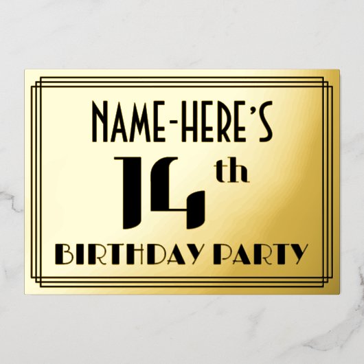 14e verjaardag: Art Deco Kijk "14" en naam Folie Uitnodiging (Voorkant)