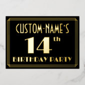 14e verjaardag: Art Deco Kijk "14", met naam Folie Uitnodiging (Voorkant)