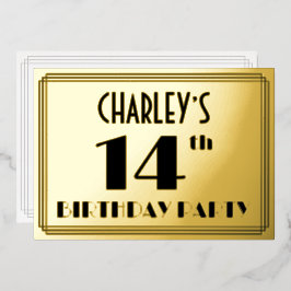 14e verjaardag — Art Deco look "14" + Naam Folie Uitnodiging