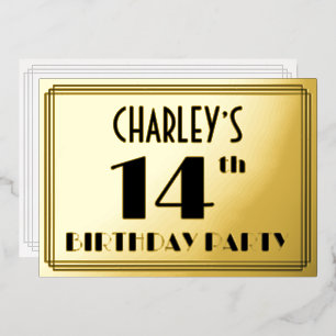 14e verjaardag — Art Deco look "14" + Naam Folie Uitnodiging