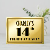 14e verjaardag — Art Deco look "14" + Naam Folie Uitnodiging (Staand Voorkant)
