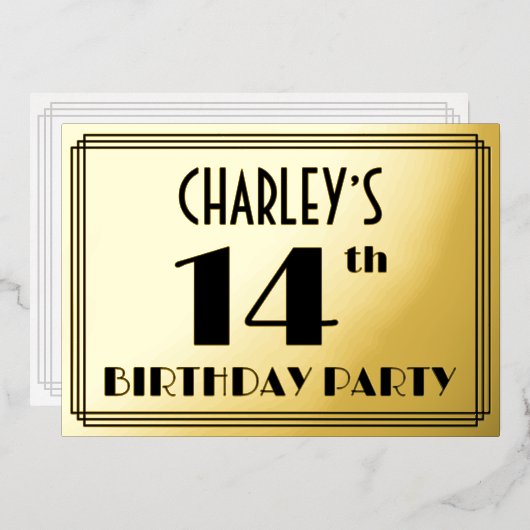 14e verjaardag — Art Deco look "14" + Naam Folie Uitnodiging (Voorkant / Achterkant)
