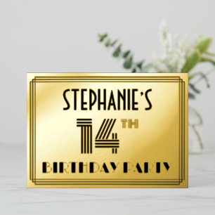 14e verjaardag — Art Deco Style "14" en naam Folie Uitnodiging