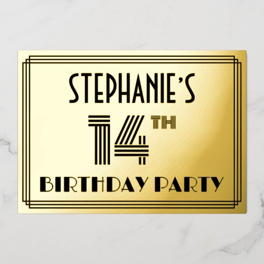 14e verjaardag — Art Deco Style "14" en naam Folie Uitnodiging (Voorkant)