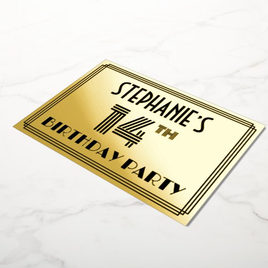 14e verjaardag — Art Deco Style "14" en naam Folie Uitnodiging (Gedraaid)