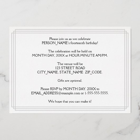 14e verjaardag — Art Deco Style "14" en naam Folie Uitnodiging (Achterkant)