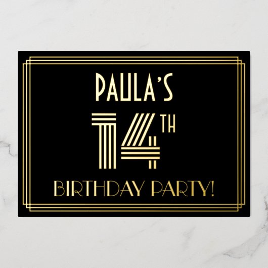 14e verjaardag — Art Deco Style "14" + Naam Folie Uitnodiging (Voorkant)