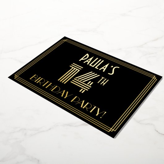 14e verjaardag — Art Deco Style "14" + Naam Folie Uitnodiging (Gedraaid)