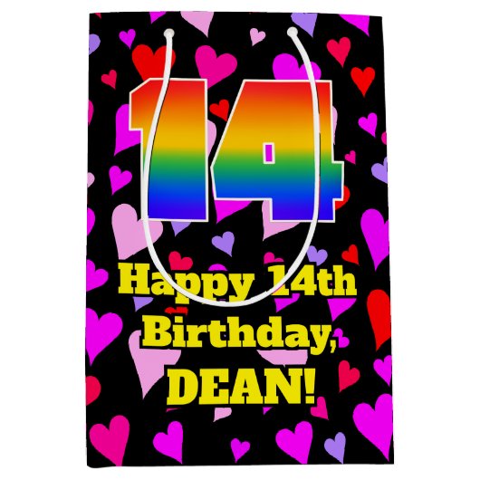 14e verjaardag: Beeldende hartenpatronen, regenboo Medium Cadeauzakje (Voorkant)