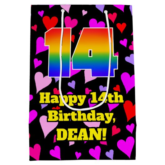 14e verjaardag: Beeldende hartenpatronen, regenboo Medium Cadeauzakje (Achterkant)