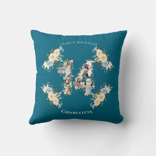 14e verjaardag Blauwgroen foto-inkolling Bloem Gee Kussen (Achterkant)