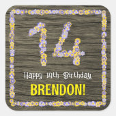 14e verjaardag: Bloemnummer, Faux Wood Look, Naam Vierkante Sticker (Voorkant)