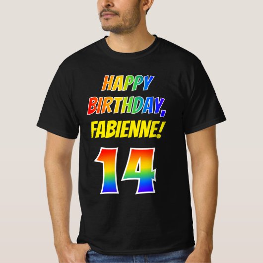 14e Verjaardag - Bold, Fun, Rainbow 14, Custom Nam T-shirt (Voorkant)