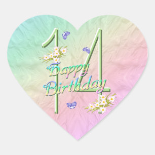 14e verjaardag Butterflies en Rainbows Heart Stick Hart Sticker