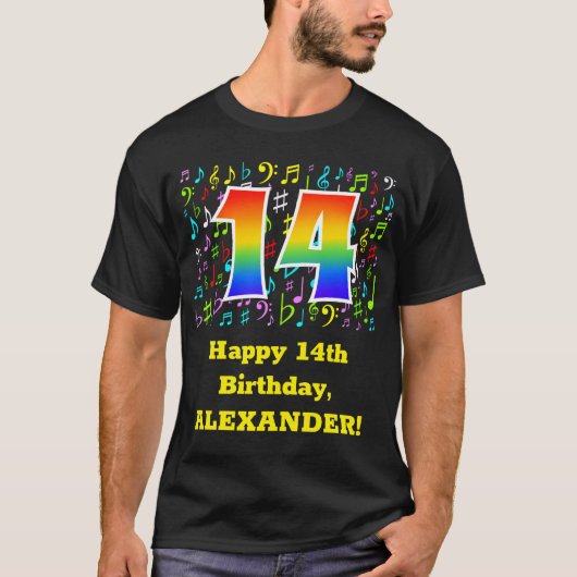 14e verjaardag: Colorful Music Symbols, Rainbow 14 T-shirt (Voorkant)
