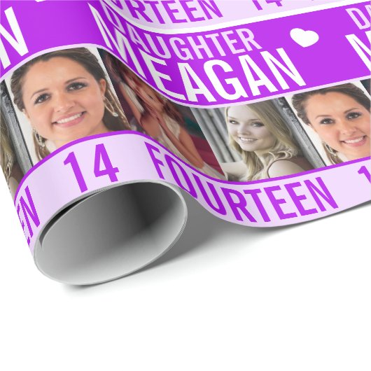 14e verjaardag drie foto's paarse dochter cadeaupapier (Rol Hoek)