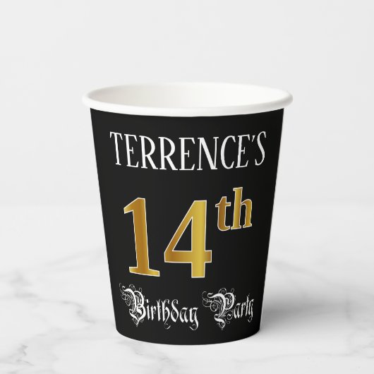 14e verjaardag — Fancy script, Faux Gold look Papieren Bekers (Achterkant)