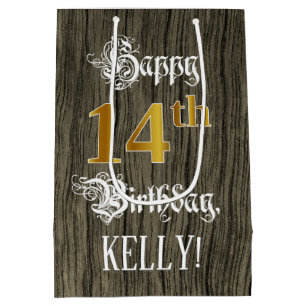 14e verjaardag: Faux Gold look & Faux Wood Pattern Medium Cadeauzakje