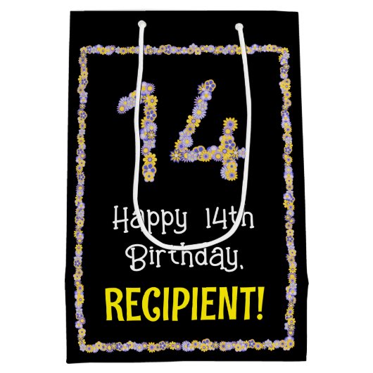 14e verjaardag: Floral Flowers Number, Custom Name Medium Cadeauzakje (Achterkant)